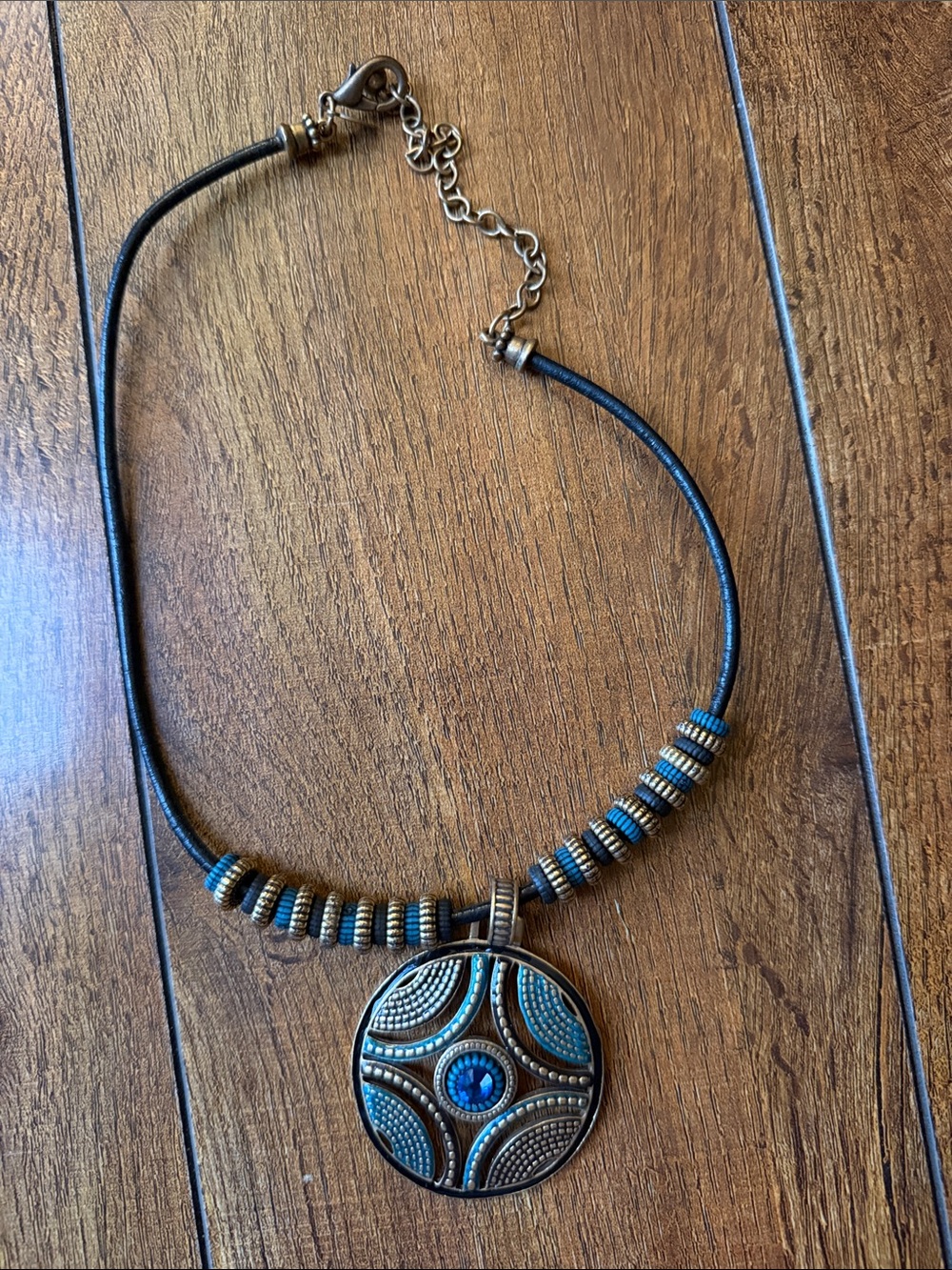 Chico's Blue and Gold Round Pendant Necklace